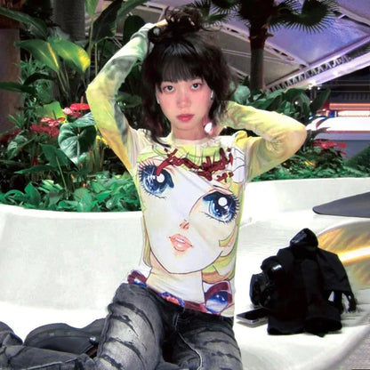 Cathy Dollette Japanese  Anime Print  2000s s Long Sleeve Tee Shirt Vintage Harajuku Slim TopKawaii Lolita T Shirt