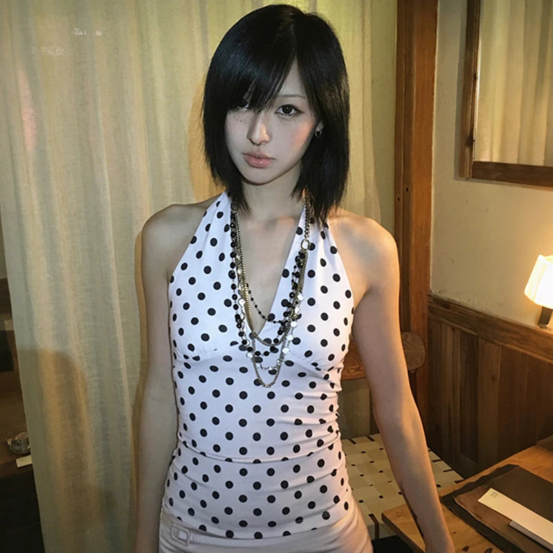 Cathy Dollette Japanese  Polka Dot Halter Top2000s s Pink Tank Top Vintage Harajuku V-neck Camisole TopAmerican Retro