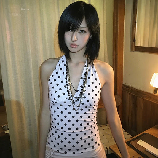 Cathy Dollette Japanese  Polka Dot Halter Top2000s s Pink Tank Top Vintage Harajuku V-neck Camisole TopAmerican Retro
