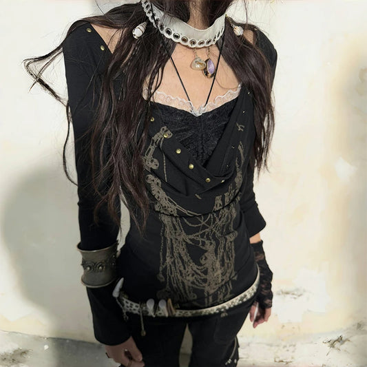 Cathy Dollette Grunge s Tattoo Print  Japanese  Fake Two-piece TopTrashy 2000s Style Streetwear Black Gothic Punk