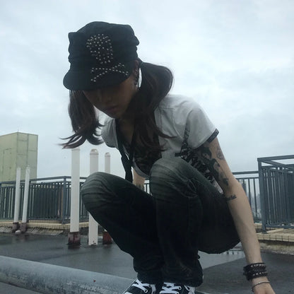 Cathy Dollette Japanese  Fake Two-piece TopTrashy 2000s Style Letter Print  Vintage Harajuku Leopard Patchwork Crop Top 90s