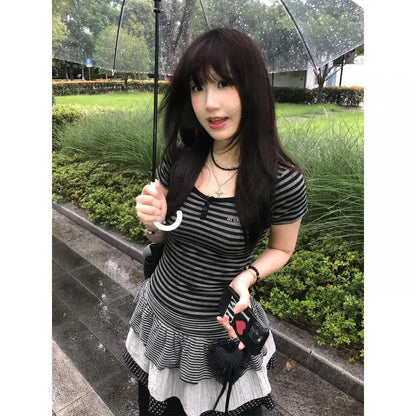 Cathy Dollette Hotsweet Striped 's  Slim Summer Short Sleeve Korean Fashion 2000s Clothes  Tees Female Clothing