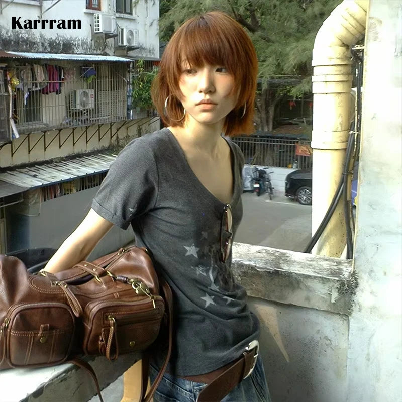 Cathy Dollette Japanese  Letter Print  Trashy 2000s Style V-neck T Shirt Vintage Harajuku Short Sleeve Tee Shirt Grunge 90s