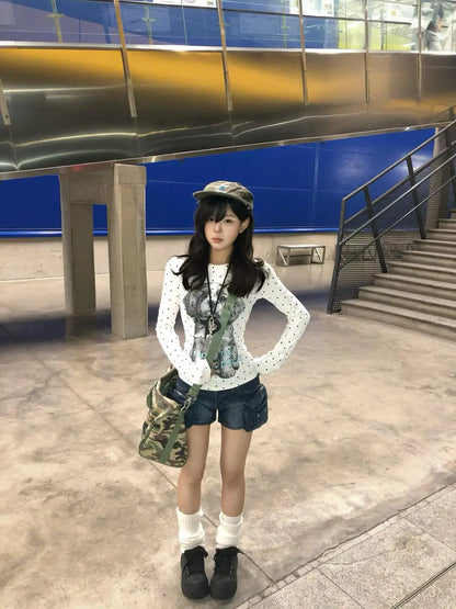 Cathy Dollette Harajuku Print Graphic TopLong Sleeve Slim  T Shirt  2000s Streetwear E-girls Tshirts American Retro