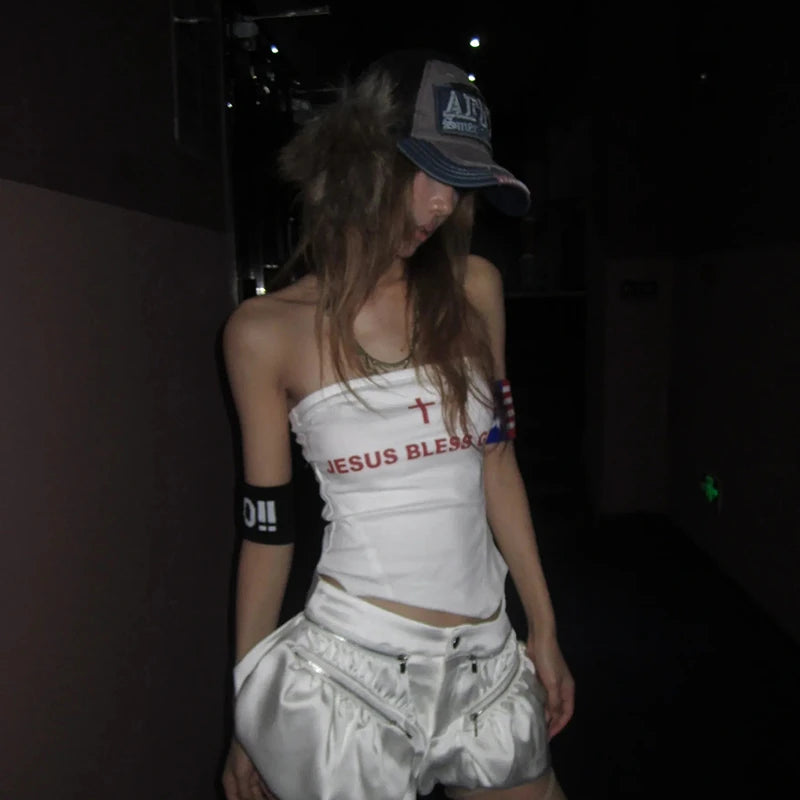 Cathy Dollette Grunge s Letter Print Corset Trashy 2000s Style Tube Top Japanese  Irregular Tank Top White American Retro