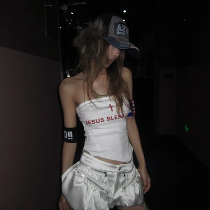 Cathy Dollette Grunge s Letter Print Corset Trashy 2000s Style Tube Top Japanese  Irregular Tank Top White American Retro