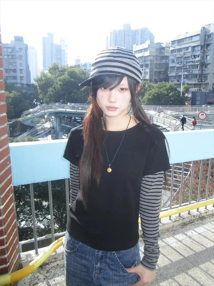 Cathy Dollette  Vintage   Patchwork Fake Two Pieces TopJapanese 2000s Grunge Top American Retro Tshirts