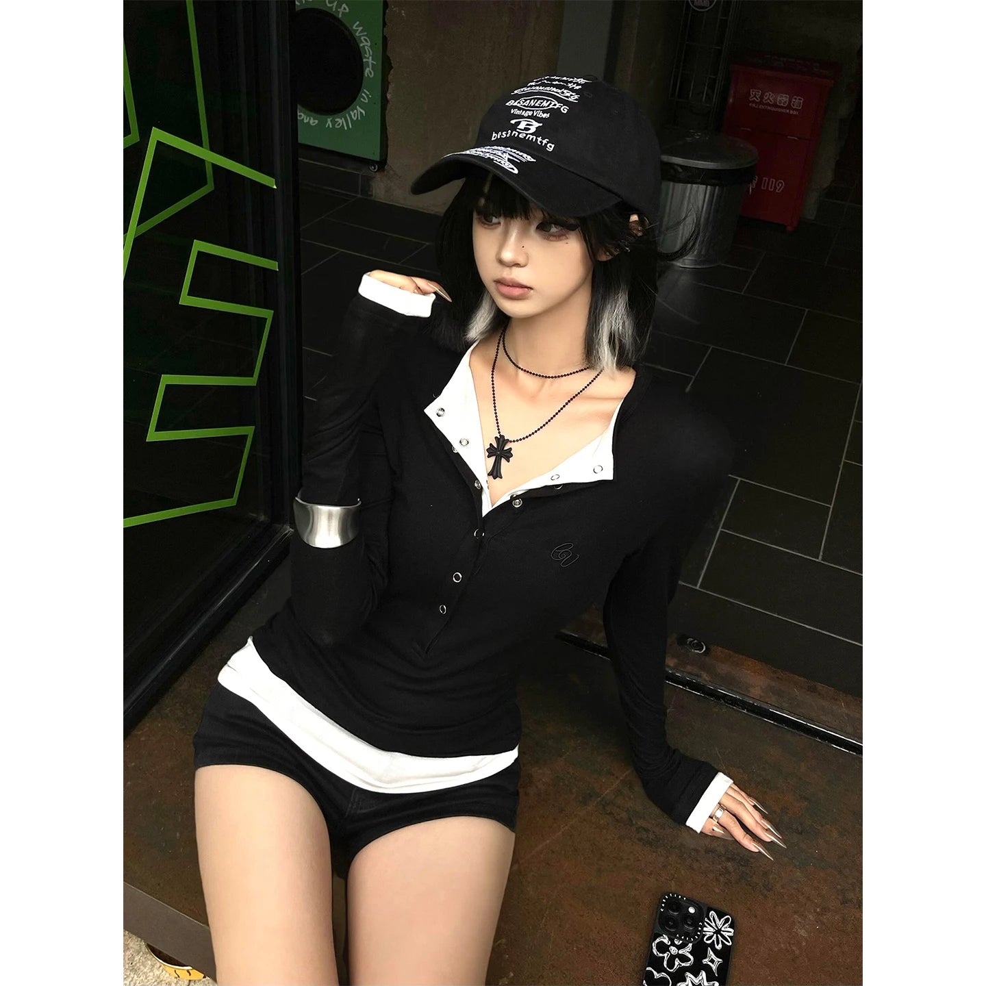 Cathy Dollette Patchwork Fake Two Piece T Shirt  Clothes Long Sleeve Gothic 2000s Clothes  Tees Female Clothing Autumn Tops