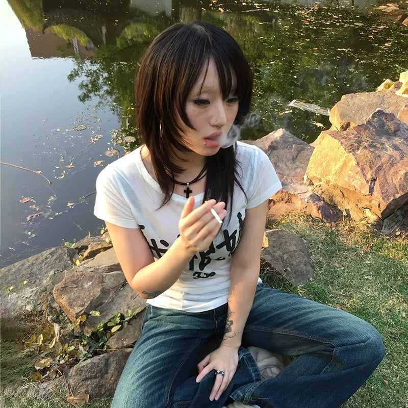 Cathy Dollette Japanese  Letter Print  Trashy 2000s Style Short Sleeve Tee Shirt Grunge s White Top Vintage Harajuku