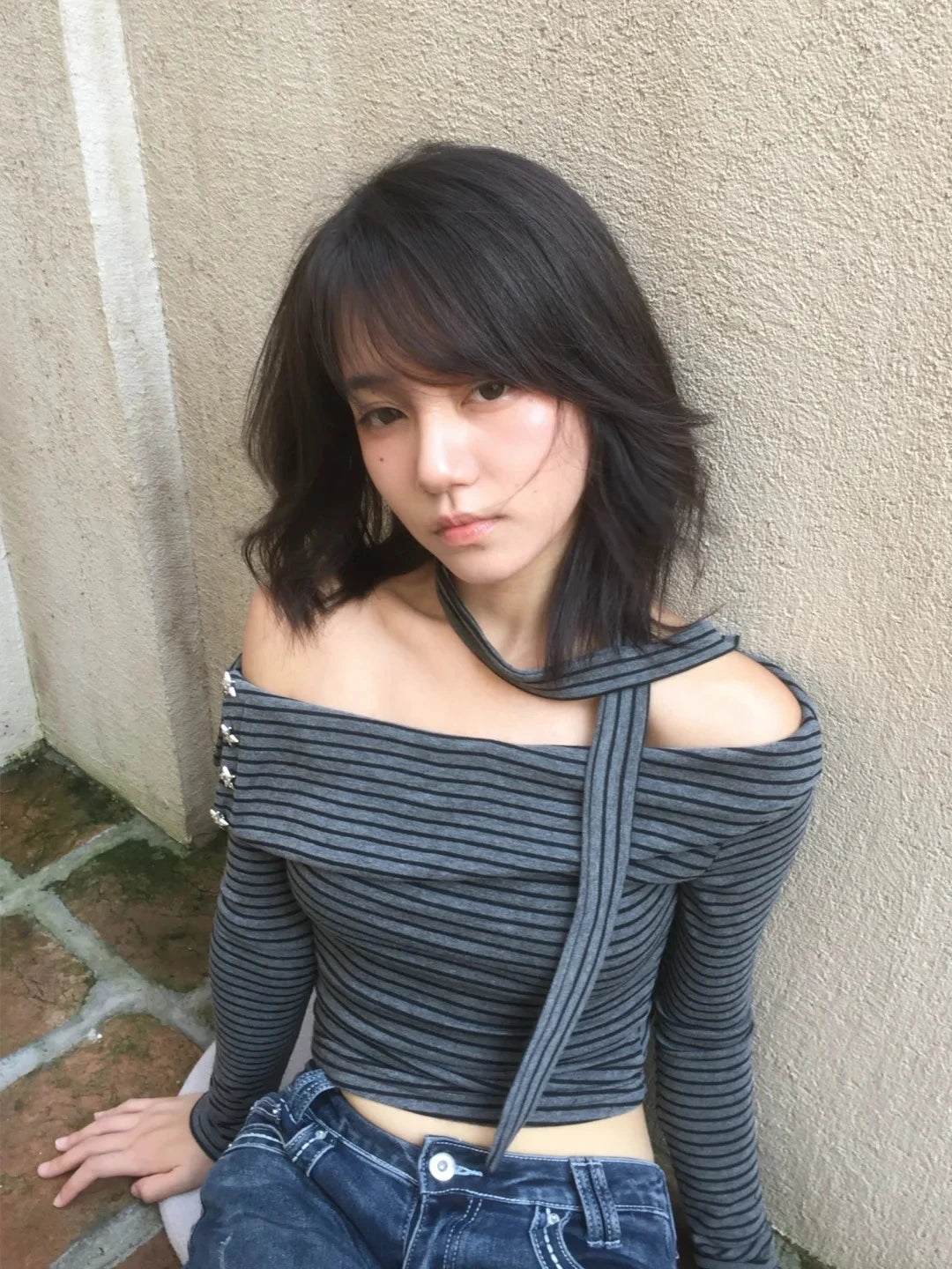 Cathy Dollette Japanese 2000s Striped T Shirt  Long Sleeve Irregular Crop TopWith Scarf Off Shoulder  Vintage Tshirts