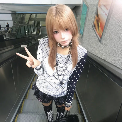 Cathy Dollette Japanese  Anime Print  2000s Style Polka Dot T Shirt Vintage Harajuku Long Sleeve Patchwork Top American Retro