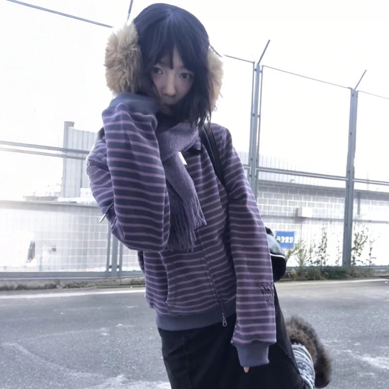 Cathy Dollette Japanese  Purple Striped Cardigan 2000s Style Turtleneck Knitted Jacket Vintage Harajuku Zipper Knitwear Korean 90s