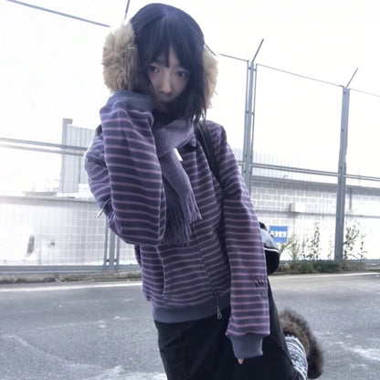 Cathy Dollette Japanese  Purple Striped Cardigan 2000s Style Turtleneck Knitted Jacket Vintage Harajuku Zipper Knitwear Korean 90s