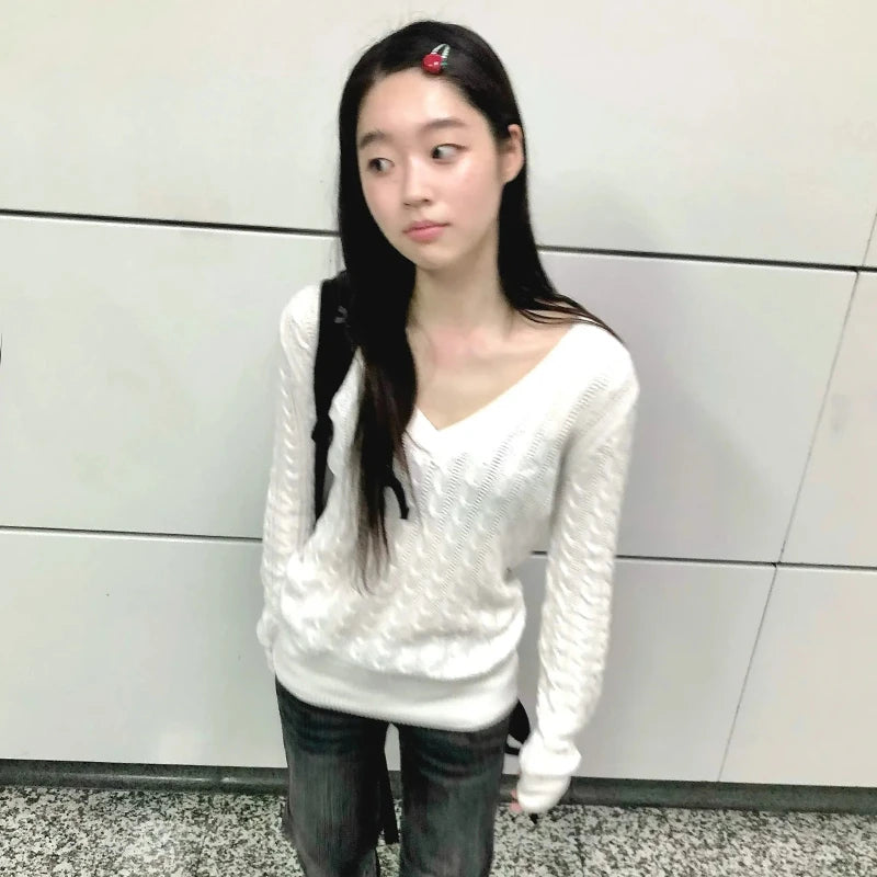 Cathy Dollette Japanese  V-neck White Sweater Vintage Harajuku Knit Slim Pullover Korean Style Fall Winter Knitwear 2000s s