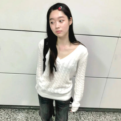 Cathy Dollette Japanese  V-neck White Sweater Vintage Harajuku Knit Slim Pullover Korean Style Fall Winter Knitwear 2000s s