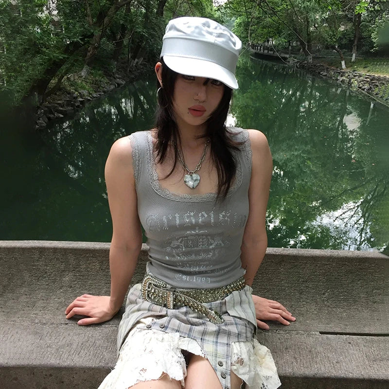 Cathy Dollette Japanese  Lace Tank Top Trashy 2000s Style Letter Print Crop Top Vintage Harajuku Knitted Tanktop American Retro 90s