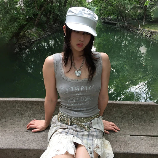 Cathy Dollette Japanese  Lace Tank Top Trashy 2000s Style Letter Print Crop Top Vintage Harajuku Knitted Tanktop American Retro 90s