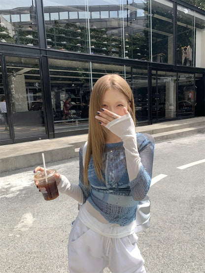 Cathy Dollette Korean Style Mesh TopSee Through T Shirt  Long Sleeve  Vintage Tee Top Summer Tshirts Female