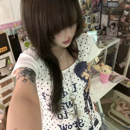 Cathy Dollette Japanese  Anime Print  2000s Style Polka Dots T Shirt Vintage Harajuku Short Sleeve Tee Shirt American Retro