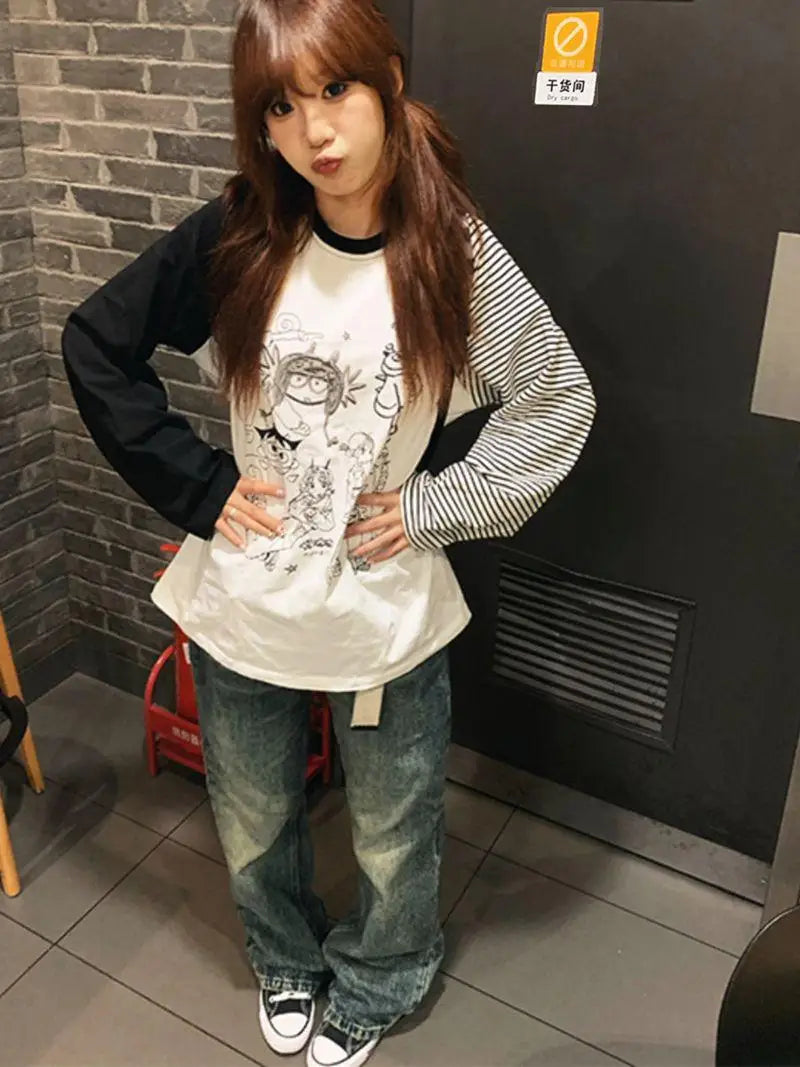 Cathy Dollette Graphic T Shirts 2000s Clothes  Korean Fashion Long Sleeve Loose Hotsweet Goth Autumn TopTees Female Print Chic