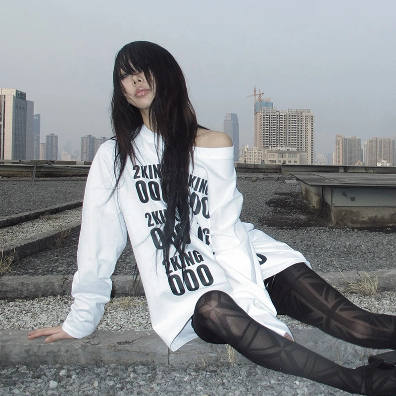 Cathy Dollette Grunge s Letter Print  Trashy 2000s Style Long Sleeve T Shirt Japanese  White Loose TopAmerican 90s