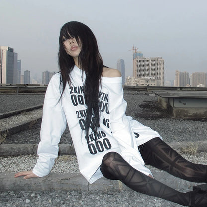 Cathy Dollette Grunge s Letter Print  Trashy 2000s Style Long Sleeve T Shirt Japanese  White Loose TopAmerican 90s