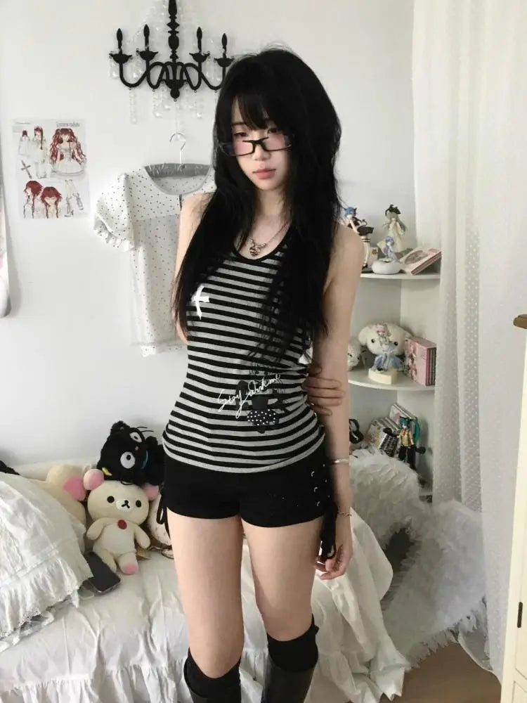 Cathy Dollette Hotsweet Tank Top Striped Vest 2000s Clothes  Female Clothing Skinny Sleeveless Korean Fashion Print Top Chic Tops