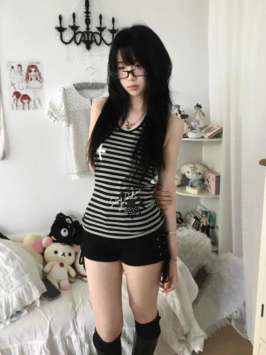 Cathy Dollette Hotsweet Tank Top Striped Vest 2000s Clothes  Female Clothing Skinny Sleeveless Korean Fashion Print Top Chic Tops