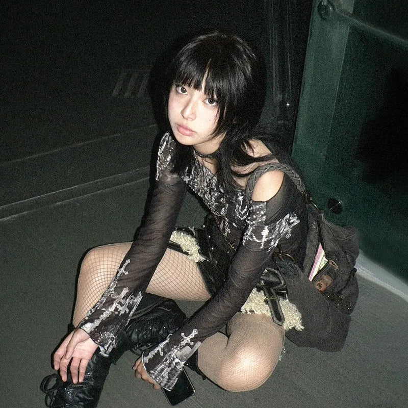 Cathy Dollette Grunge s Mesh TopJapanese  Tattoo Print Sheer TopVintage Harajuku See Through Long Sleeve  Gothic