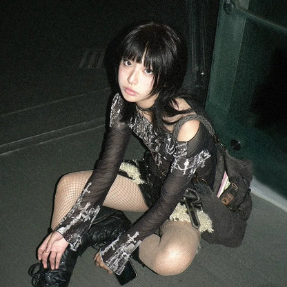 Cathy Dollette Grunge s Mesh TopJapanese  Tattoo Print Sheer TopVintage Harajuku See Through Long Sleeve  Gothic