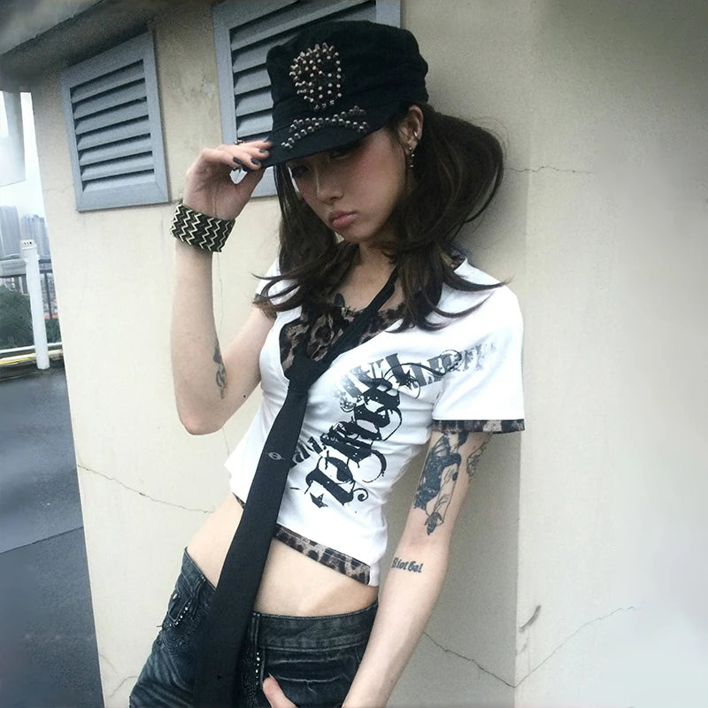 Cathy Dollette Japanese  Fake Two-piece TopTrashy 2000s Style Letter Print  Vintage Harajuku Leopard Patchwork Crop Top 90s