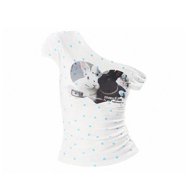 Cathy Dollette Harajuku Print T Shirt  Off Shoulder Slim  Vintage Crop Top2000s Japanese Graphic Top Grunge Top