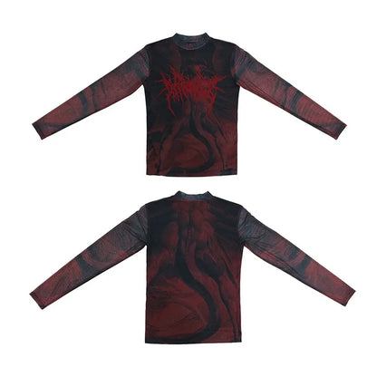 Cathy Dollette Grunge s Tattoo Print  Vintage Gothic Red Mesh TopTrashy  Long Sleeve Sheer TopPunk Alternative