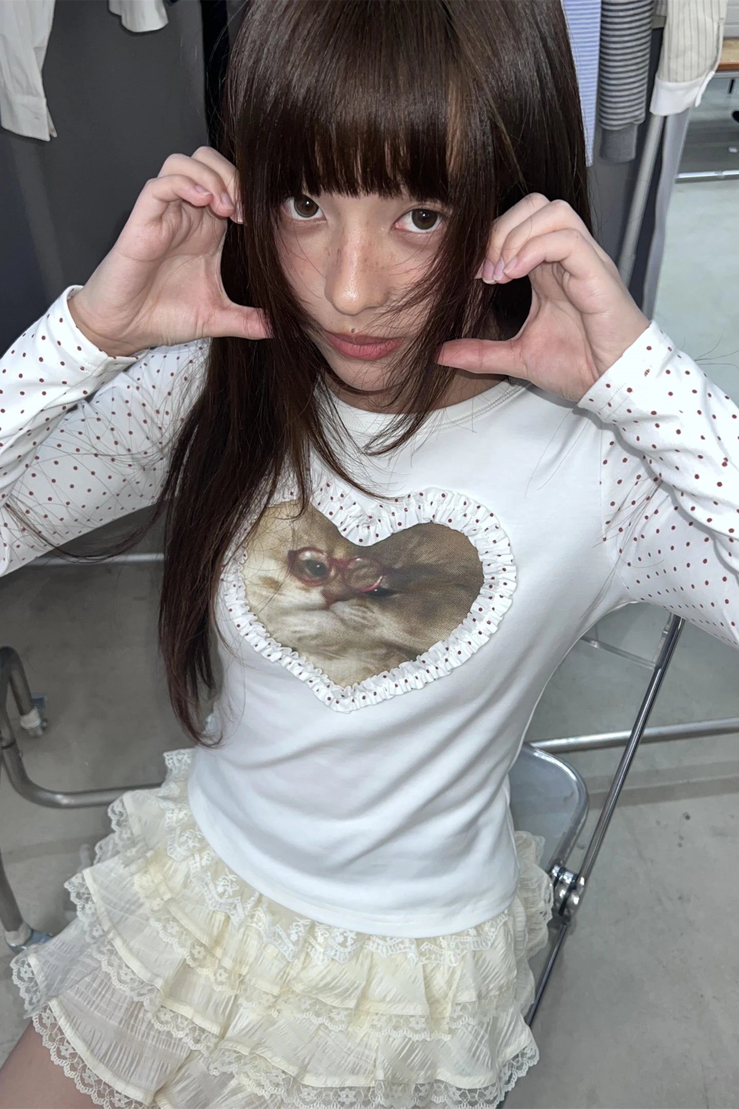 Cathy Dollette Hotsweet Patchwork Dot 's  Long Sleeve Print Cat Graphic Tee Female Clothing Slim 2000s Clothes  Autumn