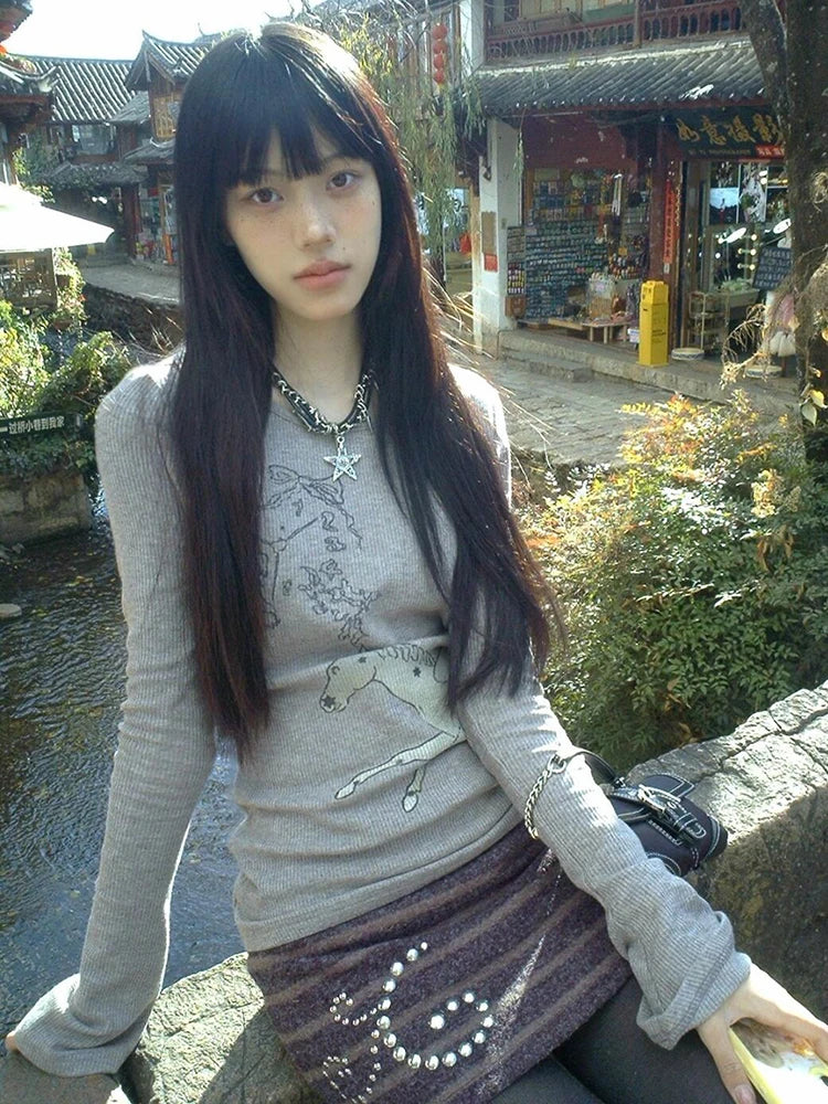 Cathy Dollette Japanese 2000s   Flare Sleeve Print Graphic TopWarm  Vintage Tee TopKorean Style Tshirts Streetwear