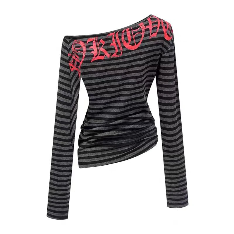 Cathy Dollette Hotsweet Striped Graphic T Shirts Woman Clothes 2000s Clothes  Long Sleeve Vintage Autumn TopOff Shoulder Tees Chic