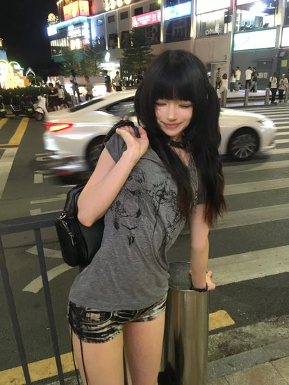 Cathy Dollette Japanese  Print T Shirt  Short Sleeve Slim Graphic Top American Retro 90s Grunge TopE-girls