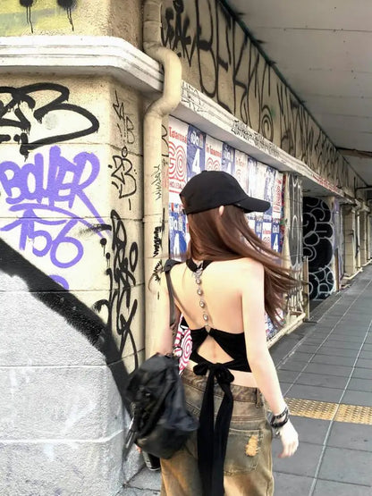 Cathy Dollette Backless Halter TopSexy 2000s Clothes  Sleeveless Tees Summer Top Tank TopBlack Chic Slim Tanks