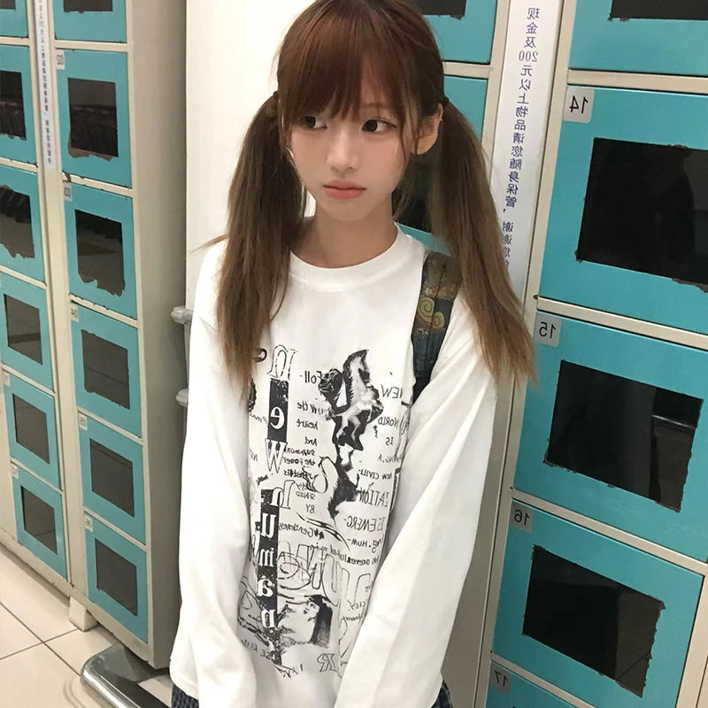 Cathy Dollette Japanese  Letter Print  2000s Style Long Sleeve White T Shirt Vintage Harajuku Oversized TopAmerican Retro