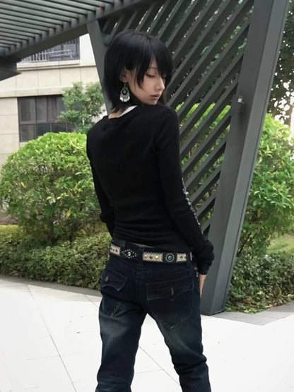 Cathy Dollette Gothic Print Graphic TopButton Slim    Japanese 2000s Grunge TopE-girls Punk Style Tshirts Black