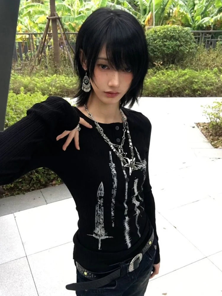 Cathy Dollette Gothic Print Graphic TopButton Slim    Japanese 2000s Grunge TopE-girls Punk Style Tshirts Black