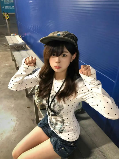 Cathy Dollette Harajuku Print Graphic TopLong Sleeve Slim  T Shirt  2000s Streetwear E-girls Tshirts American Retro