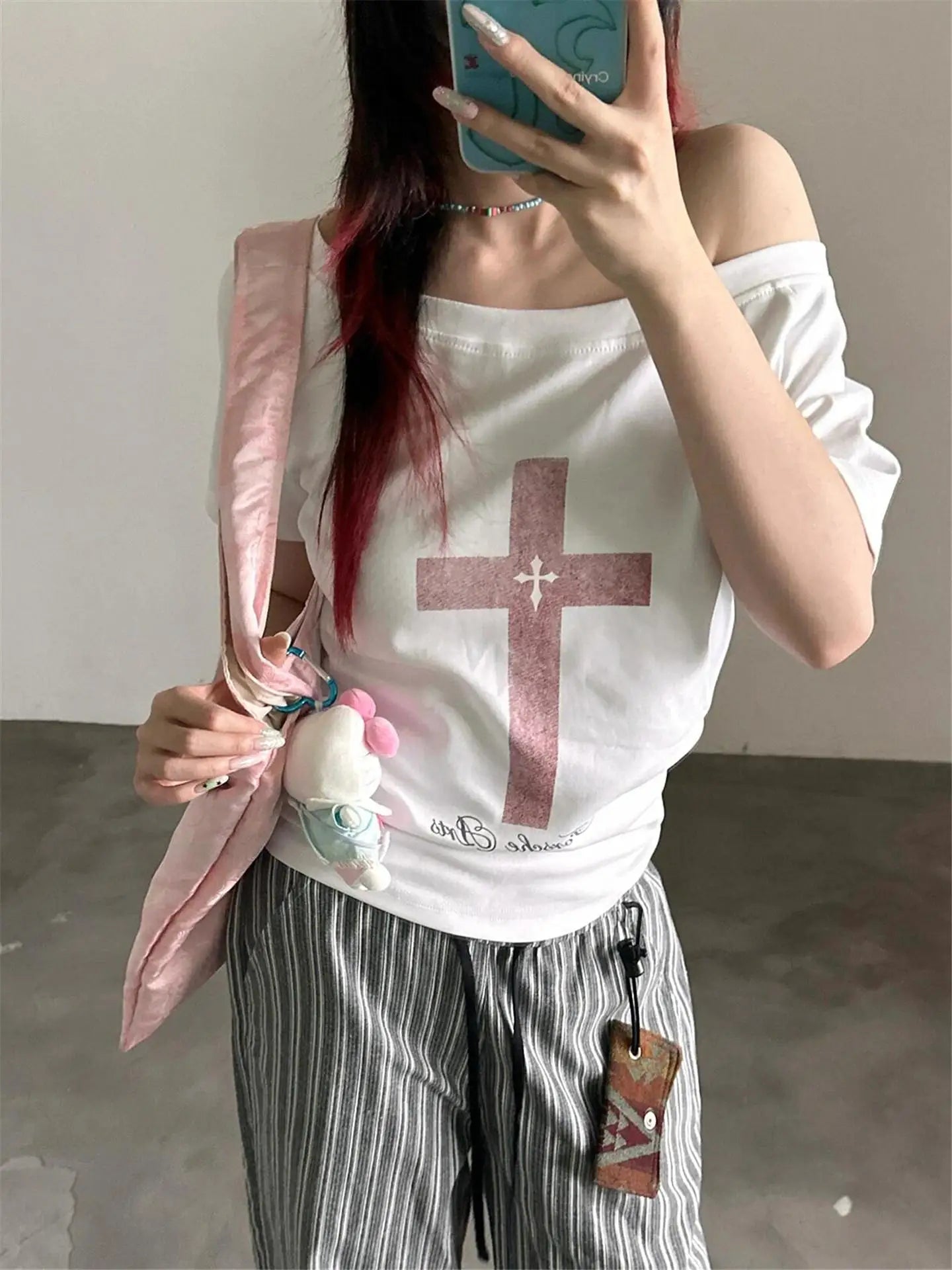 Cathy Dollette Korean Style Print   Short Sleeve Off Shoulder  Vintage TopJapanese 2000s Graphic TopTee Streetwear