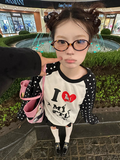 Cathy Dollette Harajuku Print Graphic TopLoose Casual   Dot Patchwork  Grunge TopAmerican Retro Streetwear