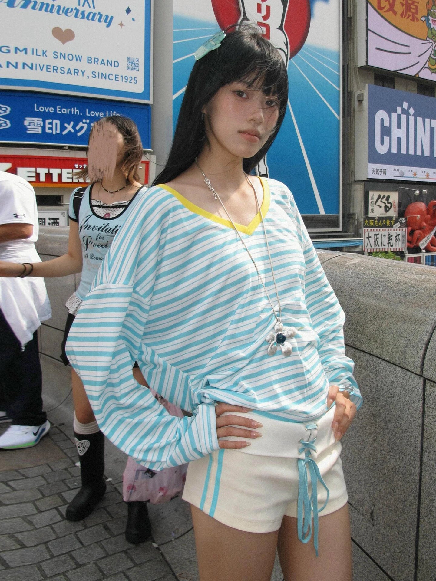 Cathy Dollette Japanese  Blue Striped  Korean 2000s Style V-neck Long Sleeve T Shirt Vintage Harajuku Off Shoulder Loose Tops
