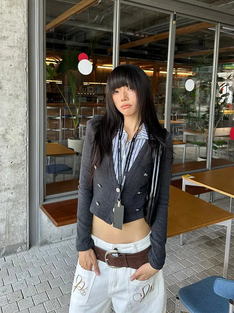 Cathy Dollette England Style Patchwork Fake Two Piece TopAutumn T Shirt  Clothes Long Sleeve 2000s Clothes  Tees Female Chic