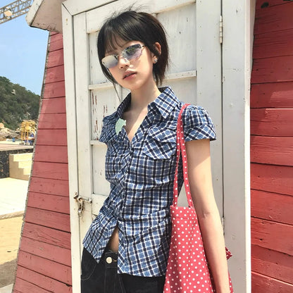 Cathy Dollette Japanese  Plaid Shirt Vintage Harajuku V-neck Blouses Korean Fashion  Short Sleeve Shirts 2000s American Retro