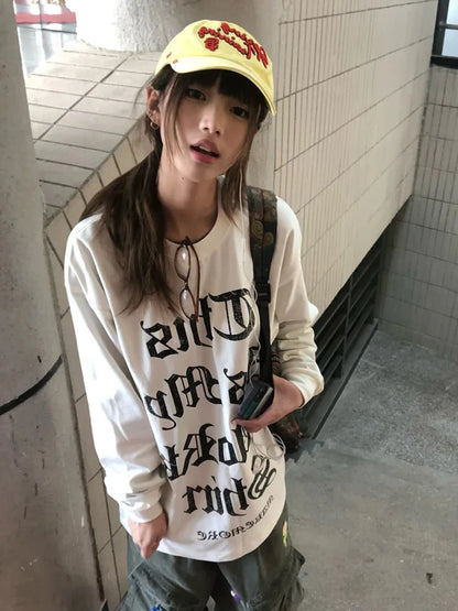 Cathy Dollette Japanese    Casual Loose Print Letter Graphic TopStrretwear American Retro  Grunge Top Tee