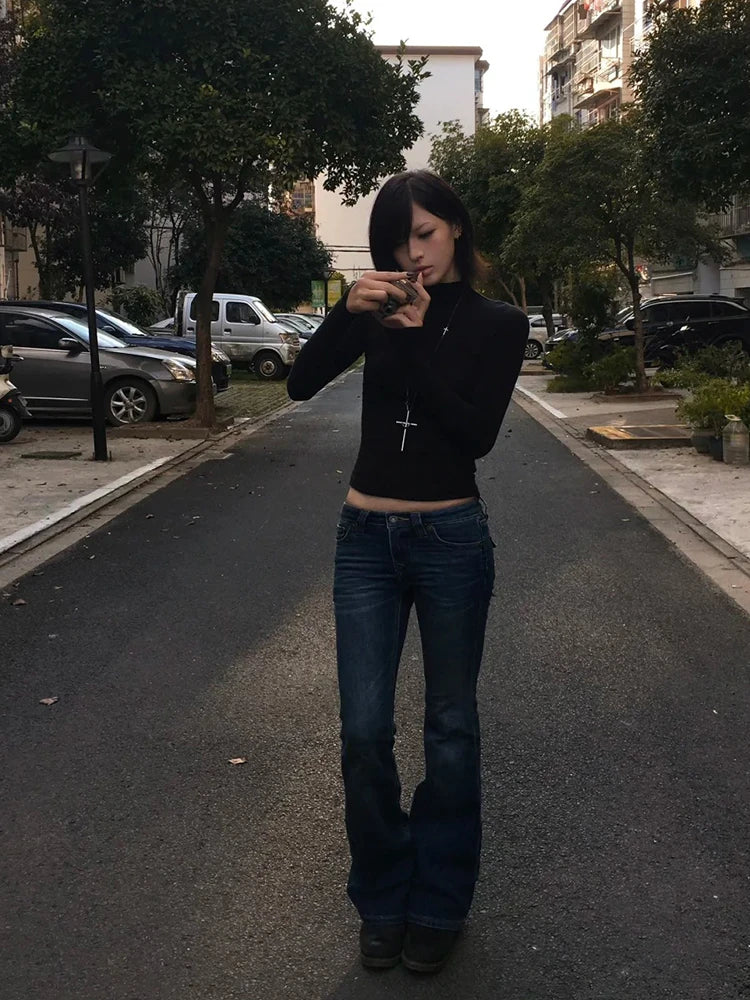 Cathy Dollette  Japanese   Long Sleeve Black Half Turtleneck Tee TopVintage Classic Style Slim Basic Top