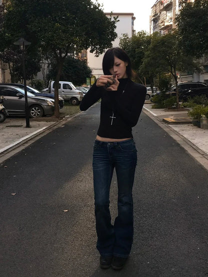 Cathy Dollette  Japanese   Long Sleeve Black Half Turtleneck Tee TopVintage Classic Style Slim Basic Top